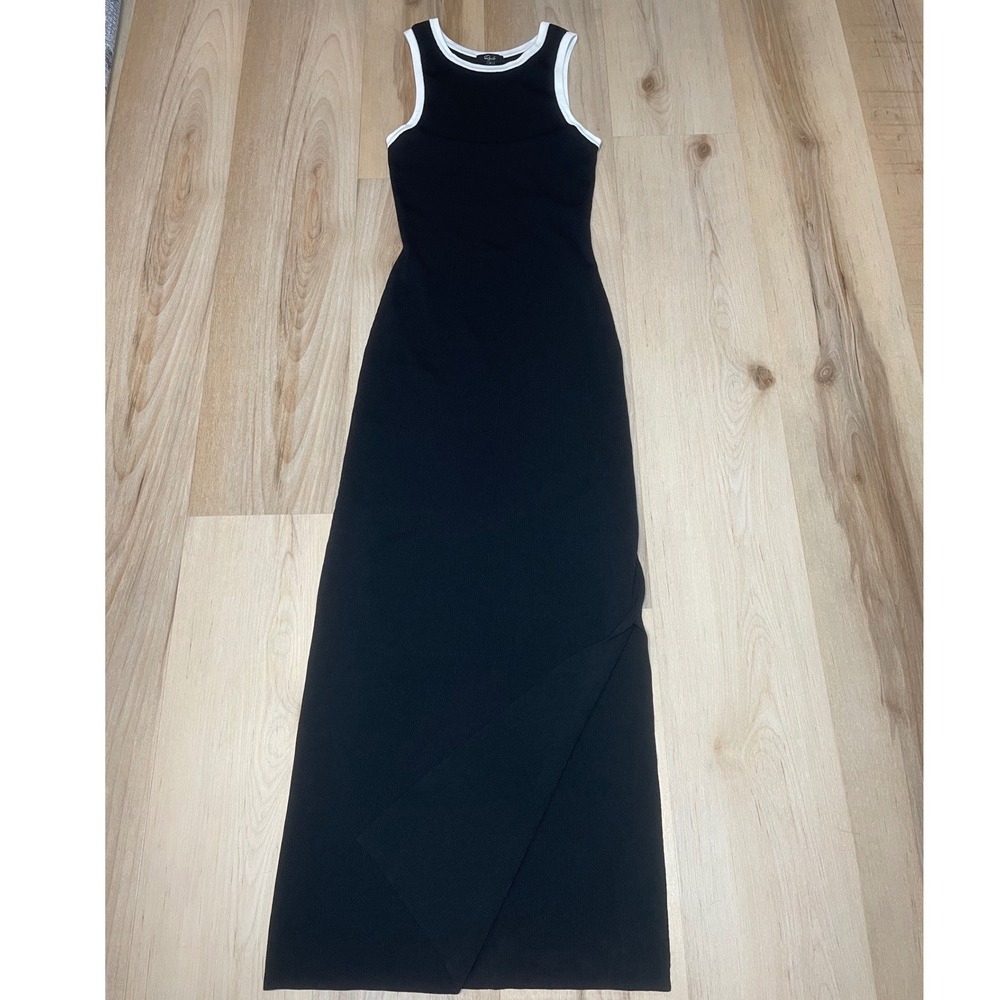 Rails Black Ribbed Knit Maxi Dress White Trim Back Cutout Slit Sleeveless Small